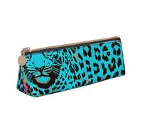 JKLQWC Cute Turquoise Leopard Printed Triangle Pencil Case with Zipper - Lightweight Leather Organizer for School, Office, Travel, Makeup