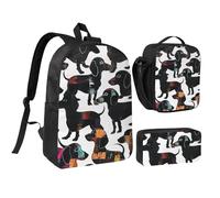 JKLQWC Dachshund Dog Black Dogs Print Backpack Set 3-Piece, 17-Inch School Bag with Insulated Lunch Bag & Pencil Case for Students Teens Girls Boys