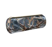 JKLQWC Deer in Beautiful Snow Printed Cylinder Pencil Case with Gold Zipper - Lightweight Leather Organizer for School, Office, Travel, Makeup