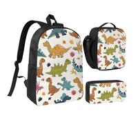 JKLQWC Dinosaur Pattern Print Backpack Set 3-Piece, 17-Inch School Bag with Insulated Lunch Bag & Pencil Case for Students Teens Girls Boys