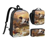 JKLQWC Dog Catching Pheasant Print Backpack Set 3-Piece, 17-Inch School Bag with Insulated Lunch Bag & Pencil Case for Students Teens Girls Boys