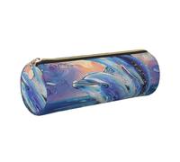 JKLQWC Dolphin 1 Printed Cylinder Pencil Case with Gold Zipper - Lightweight Leather Organizer for School, Office, Travel, Makeup