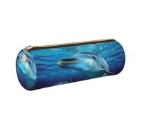 JKLQWC Dolphin Printed Cylinder Pencil Case with Gold Zipper - Lightweight Leather Organizer for School, Office, Travel, Makeup