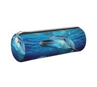 JKLQWC Dolphin Printed Cylinder Pencil Case with Silver Zipper - Lightweight Leather Organizer for School, Office, Travel, Makeup