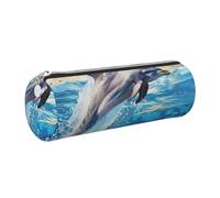 JKLQWC Dolphin Printed Cylinder Pencil Case with Silver Zipper - Lightweight Leather Organizer for School, Office, Travel, Makeup