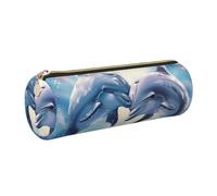 JKLQWC Dolphins in Love 1 Printed Cylinder Pencil Case with Gold Zipper - Lightweight Leather Organizer for School, Office, Travel, Makeup