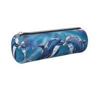 JKLQWC Dolphins in Love Printed Cylinder Pencil Case with Silver Zipper - Lightweight Leather Organizer for School, Office, Travel, Makeup
