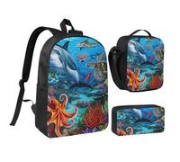 JKLQWC Dolphins Sea Coral Reef Octopus Print Backpack Set 3-Piece, 17-Inch School Bag with Insulated Lunch Bag & Pencil Case for Students Teens Girls Boys