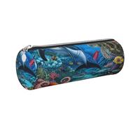 JKLQWC Dolphins Sea Coral Reef Octopus Printed Cylinder Pencil Case with Silver Zipper - Lightweight Leather Organizer for School, Office, Travel, Makeup