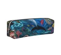 JKLQWC Dolphins Sea Coral Reef Octopus Printed Leather Pencil Case with Silver Zipper - Simple and Lightweight Organizer for School, Office, Travel, Makeup