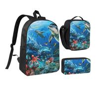 JKLQWC Dolphins Sea Turtle Coral Reef Print Backpack Set 3-Piece, 17-Inch School Bag with Insulated Lunch Bag & Pencil Case for Students Teens Girls Boys