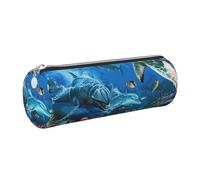 JKLQWC Dolphins Sea Turtle Coral Reef Printed Cylinder Pencil Case with Silver Zipper - Lightweight Leather Organizer for School, Office, Travel, Makeup