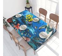 JKLQWC Dolphins Sea Turtle Coral Reef Printed Rectangle Tablecloth 4Ft Elastic Fitted Fabric Table Cover - Waterproof, Oil-Resistant, Washable for Picnics Camping Weddings