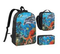 JKLQWC Dolphins Sea Turtle Octopus Coral Reef Print Backpack Set 3-Piece, 17-Inch School Bag with Insulated Lunch Bag & Pencil Case for Students Teens Girls Boys