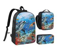 JKLQWC Dolphins Sea Turtle Octopus Print Backpack Set 3-Piece, 17-Inch School Bag with Insulated Lunch Bag & Pencil Case for Students Teens Girls Boys