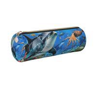 JKLQWC Dolphins Sea Turtle Octopus Printed Cylinder Pencil Case with Gold Zipper - Lightweight Leather Organizer for School, Office, Travel, Makeup