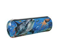 JKLQWC Dolphins Sea Turtle Octopus Printed Cylinder Pencil Case with Silver Zipper - Lightweight Leather Organizer for School, Office, Travel, Makeup