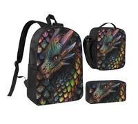 JKLQWC Dragon Scale Print Backpack Set 3-Piece, 17-Inch School Bag with Insulated Lunch Bag & Pencil Case for Students Teens Girls Boys