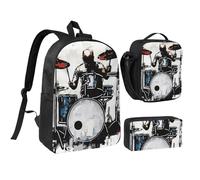 JKLQWC Drummer Print Backpack Set 3-Piece, 17-Inch School Bag with Insulated Lunch Bag & Pencil Case for Students Teens Girls Boys