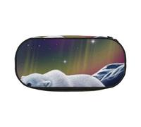 JKLQWC Dual-Zip Pencil Case Organizer with Mesh Compartment & Pen Holders - Northern Lights Polar Bear Prints Multi-Purpose Stationery Holder, Travel-Friendly Cosmetic Bag for School, Office, Gifts
