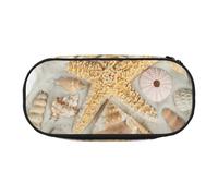 JKLQWC Dual-Zip Pencil Case Organizer with Mesh Compartment & Pen Holders - Seashell Sandy Beach Prints Multi-Purpose Stationery Holder, Travel-Friendly Cosmetic Bag for School, Office, Gifts