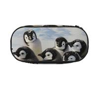 JKLQWC Dual-Zip Pencil Case Organizer with Mesh Compartment & Pen Holders - Young Penguins with Snow Prints Multi-Purpose Stationery Holder, Travel-Friendly Cosmetic Bag for School, Office, Gifts