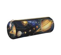 JKLQWC Exploring The Solar System Printed Cylinder Pencil Case with Gold Zipper - Lightweight Leather Organizer for School, Office, Travel, Makeup