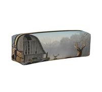 JKLQWC Farm with Deer Printed Leather Pencil Case with Gold Zipper - Simple and Lightweight Organizer for School, Office, Travel, Makeup
