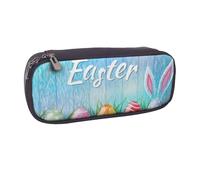 JKLQWC Festival Egg Bunny Grass Wooden Printed PU Leather Pencil Case Cute Pen Pencil Box Bag Zipper Office School Pencil Pouch Organizer for Students Teen Girls Boys Adult Gifts