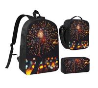 JKLQWC Fireworks at Night Print Backpack Set 3-Piece, 17-Inch School Bag with Insulated Lunch Bag & Pencil Case for Students Teens Girls Boys