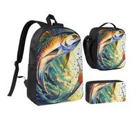 JKLQWC Fish Art Print Backpack Set 3-Piece, 17-Inch School Bag with Insulated Lunch Bag & Pencil Case for Students Teens Girls Boys