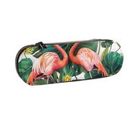 JKLQWC Flamingo Bird Round Leaves Printed Pencil Case Cute Pen Pencil Box Bag PU Leather Zipper Pencil Pouch Organizer for Office School Travel