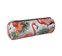 JKLQWC Flamingo Flowers Printed Cylinder Pencil Case with Silver Zipper - Lightweight Leather Organizer for School, Office, Travel, Makeup
