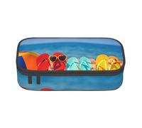 JKLQWC Flip-Flops on a Sandy Beach Printed Pencil Case Cute Pen Pencil Box Bag Large Capacity Compartment Zipper Pencil Pouch Organizer for Office School Travel