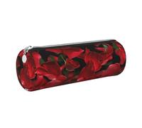 JKLQWC Floating red Rose Petals Printed Cylinder Pencil Case with Silver Zipper - Lightweight Leather Organizer for School, Office, Travel, Makeup