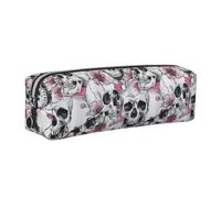 JKLQWC Floral Skull Printed Leather Pencil Case with Silver Zipper - Simple and Lightweight Organizer for School, Office, Travel, Makeup
