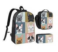 JKLQWC French Bulldog Print School Backpack Set of 3, 17-Inch School Bag with Insulated Lunch Bag & Pencil Case for Students Teens Girls Boys
