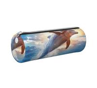 JKLQWC Funny Animal Dolphin Printed Cylinder Pencil Case with Silver Zipper - Lightweight Leather Organizer for School, Office, Travel, Makeup