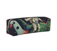 JKLQWC Funny Astronaut Dinosaur Rocket Printed Leather Pencil Case with Silver Zipper - Simple and Lightweight Organizer for School, Office, Travel, Makeup