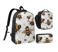 JKLQWC Funny Bees Print Backpack Set 3-Piece, 17-Inch School Bag with Insulated Lunch Bag & Pencil Case for Students Teens Girls Boys