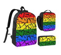 JKLQWC Gay Pride Rainbow Pattern Print School Backpack Set of 3, 17-Inch School Bag with Insulated Lunch Bag & Pencil Case for Students Teens Girls Boys