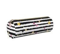 JKLQWC Glitter Rainbow Polka Dot Stripe Black and White Printed Cylinder Pencil Case with Gold Zipper - Lightweight Leather Organizer for School, Office, Travel, Makeup