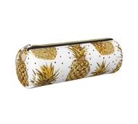JKLQWC Gold Glitter Pineapples Fruit Printed Cylinder Pencil Case with Gold Zipper - Lightweight Leather Organizer for School, Office, Travel, Makeup