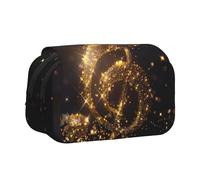 JKLQWC Gold Musical Note with Fallen Shiny Star Prints Pencil Case for Kids Men Women, Two Layers Large Capacity Pencil Pouch Makeup Bag Organizer for Office School Travel