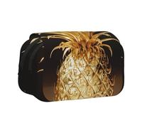 JKLQWC Gold Pineapple Prints Pencil Case for Kids Men Women, Two Layers Large Capacity Pencil Pouch Makeup Bag Organizer for Office School Travel