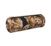 JKLQWC Golden Retrievers Printed Cylinder Pencil Case with Gold Zipper - Lightweight Leather Organizer for School, Office, Travel, Makeup