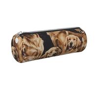 JKLQWC Golden Retrievers Printed Cylinder Pencil Case with Silver Zipper - Lightweight Leather Organizer for School, Office, Travel, Makeup