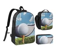 JKLQWC Golf Club Print School Backpack Set of 3, 17-Inch School Bag with Insulated Lunch Bag & Pencil Case for Students Teens Girls Boys