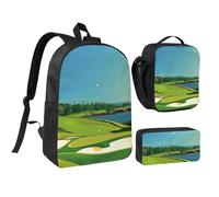 JKLQWC Golf Course by The sea Print Backpack Set 3-Piece, 17-Inch School Bag with Insulated Lunch Bag & Pencil Case for Students Teens Girls Boys