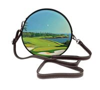 JKLQWC Golf Course by the sea Printed Crossbody Bag for Women Cute Round Leather Shoulder Bag with Adjustable Strap Messenger Bag